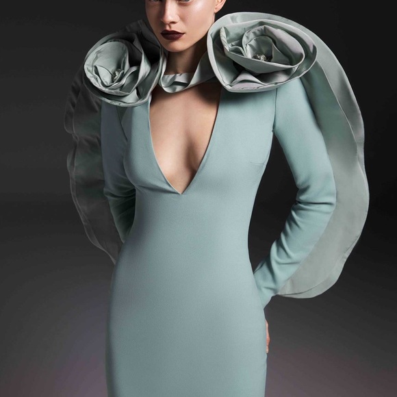afffair Dresses & Skirts - NWT long sleeve dress seafoam gown w/ deep Vneck extravagant taffeta roses XS